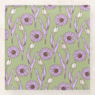 Grünes lila Retro Y2K funky Hippie-Blumenmuster Glasuntersetzer