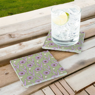 Grünes lila Retro Y2K funky Hippie-Blumenmuster Glasuntersetzer