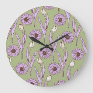 Grünes lila Retro Y2K funky Hippie-Blumenmuster Große Wanduhr