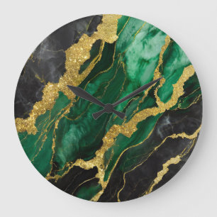 Grünes Marmormuster mit Gold Große Wanduhr