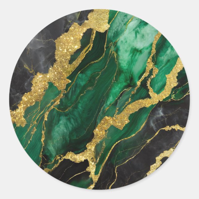 Grünes Marmormuster mit Gold Runder Aufkleber (Vorderseite)