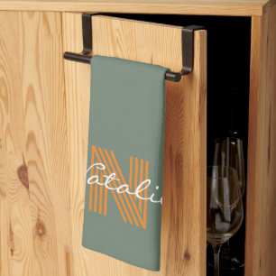 Grünes Monogramm-Anfangsskript für moderne Farbrau Geschirrtuch
