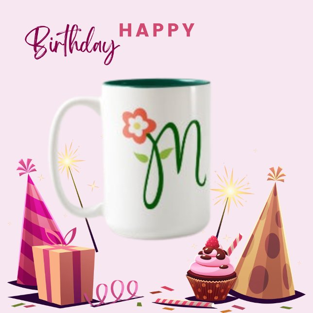 Grünes Monogramm, Orangefarbene Blume Zweifarbige Tasse (Von Creator hochgeladen)