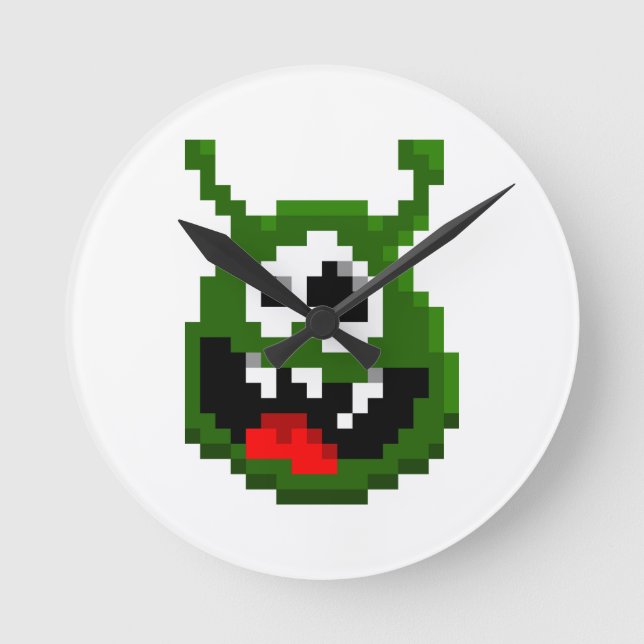 Grünes Monster - Pixel Art Runde Wanduhr (Vorderseite)