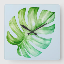Grünes Monstera Leaf Botanisches Tropenblau Quadratische Wanduhr