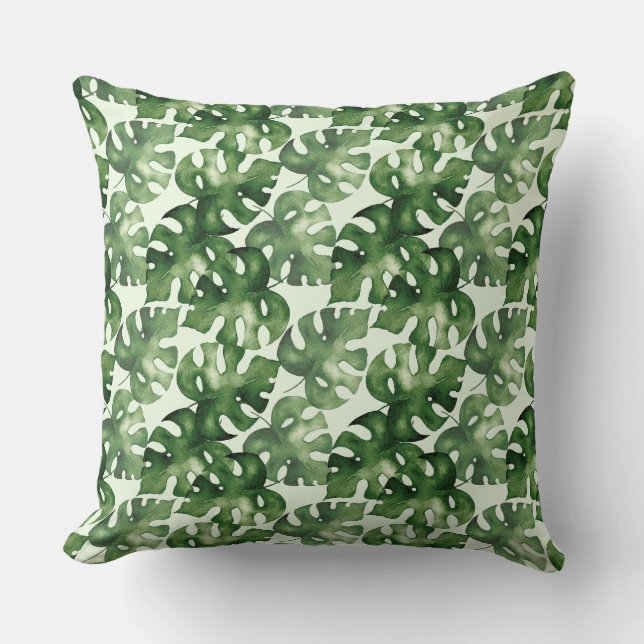 Grünes Monstera tropisches Blatt Kissen (Vorderseite)