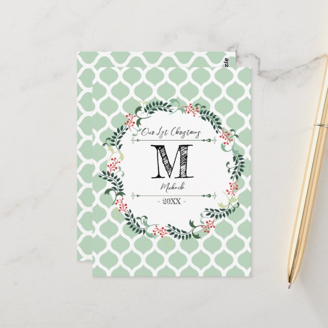 Grünes Muster Frohe Weihnachtskleider Monogram Bab Postkarte (Vorderseite/Rückseite Beispiel)