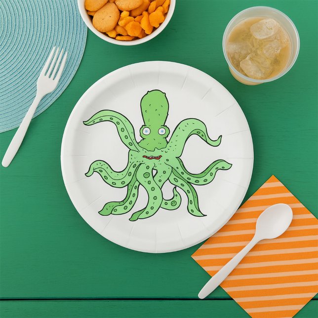 Grünes Oktopus-Zeichen Quirky-Seemonster Pappteller (Von Creator hochgeladen)