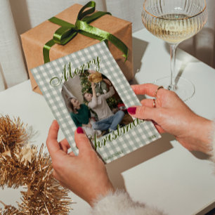 Grünes Old Money Gingham gebogenes Weihnachtsfoto Feiertagskarte