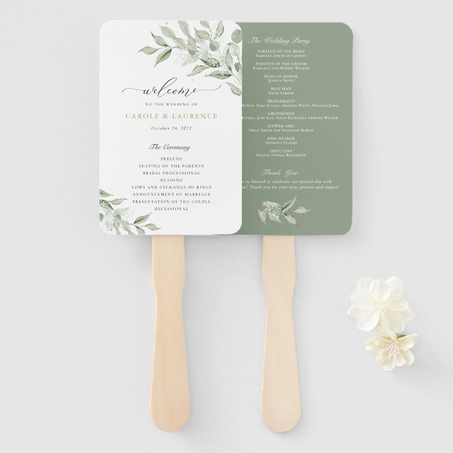 Grünes Olive Branch Babys Breath Wedding Programm Fächer (Vorne und Hinten)