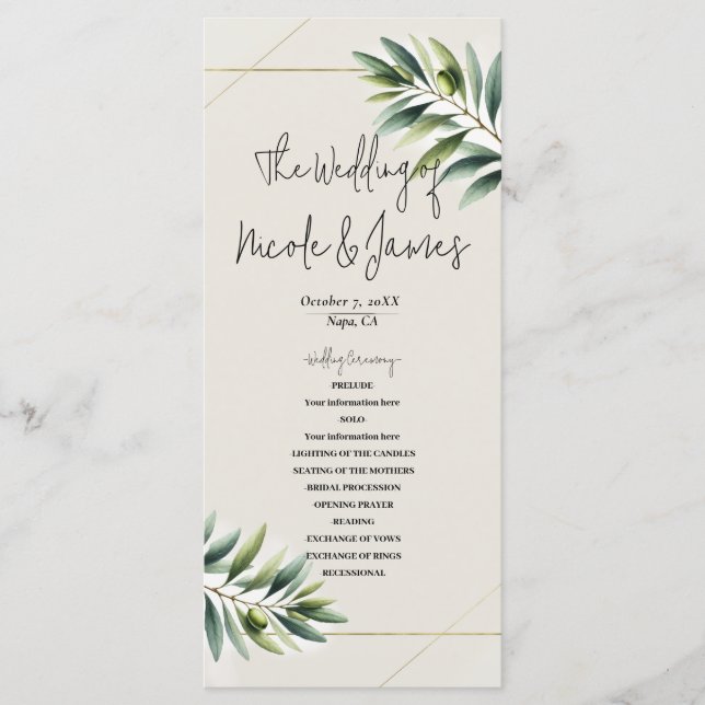 Grünes Olive Leaf Knochen Weißes & Gold Rustikales Programm (Vorderseite)