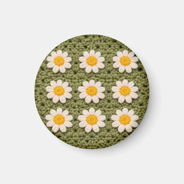 Grünes Oma-Quadrat-Häkelmuster mit Gänseblümchen f Magnet (Vorne)
