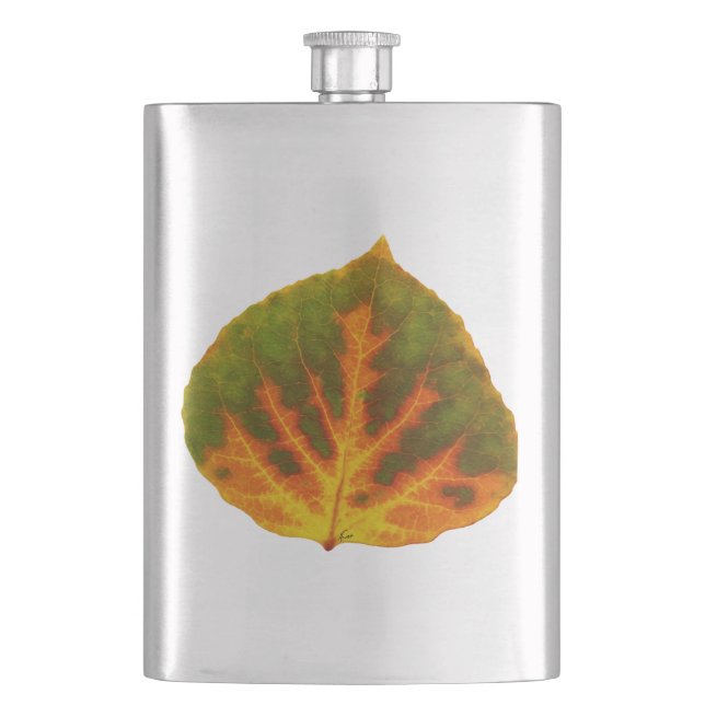 Grünes Orange und gelbes Aspen Leaf #1 Flachmann (Vorderseite)
