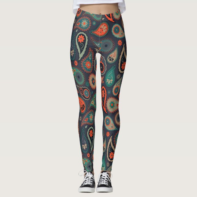 grünes orangefarbenes Paisley-Muster in dunkelblau Leggings (Vorderseite)