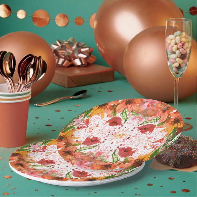 Grünes & Oranges modernes abstraktes Floral Pappteller (Multi)