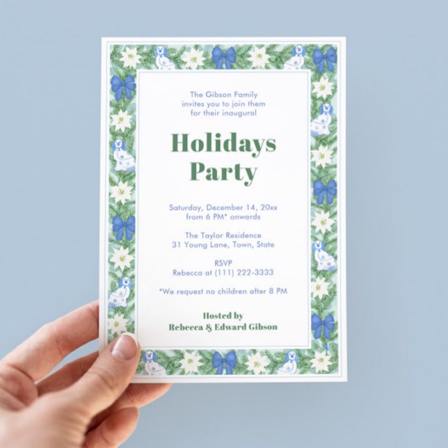 Grünes Party an den Grenzen Blau und Weiß Einladung (Chinoiserie Chic Chintz Holiday Party Invite With Watercolor Border Featuring Pottery Dogs, greenery)