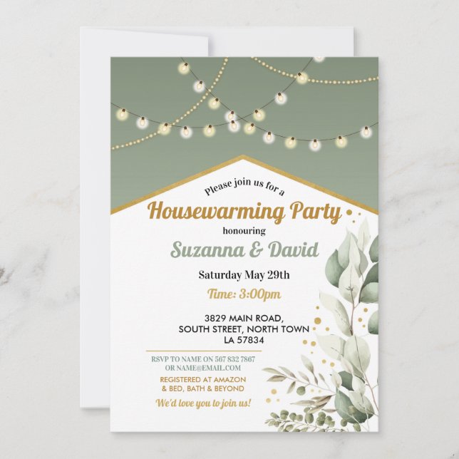 Grünes Party "Housewarming Spring Green Lights" Einladung (Vorderseite)
