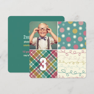 Grünes Patchwork-Muster-Quadrate-Junge-Foto-Geburt Einladung