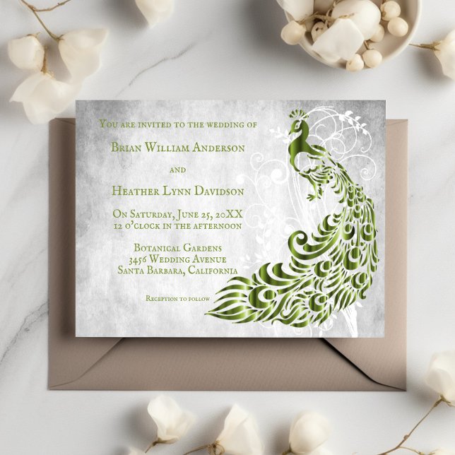 Grünes Pfauenleder Einladung zur Hochzeit (Green Peacock Leaf Vine Wedding Invitation)