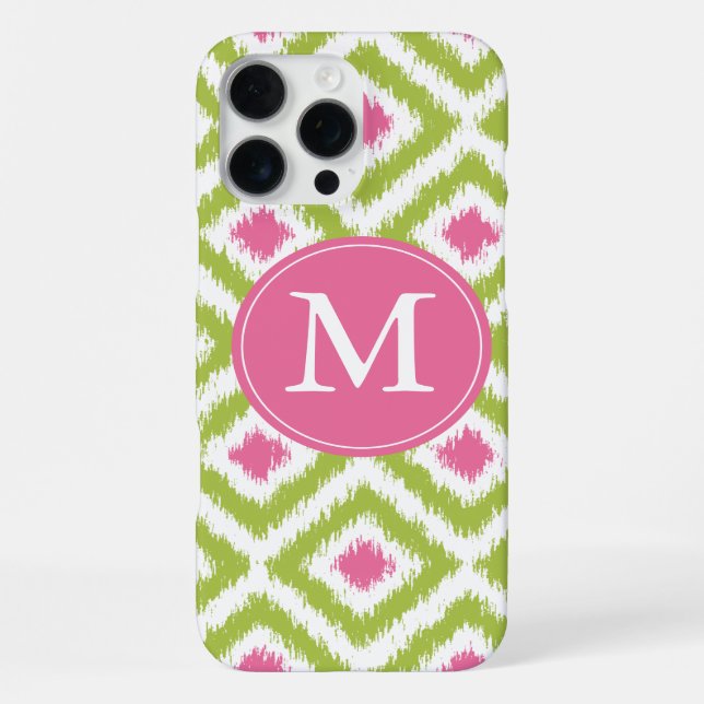 Grünes Pink Diamant Ikat Muster mit Monogramm iPhone Hülle (Rückseite)