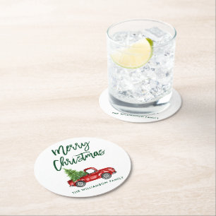 Grünes Pinselschreiben Vintag Red Truck Weihnacht Runder Pappuntersetzer