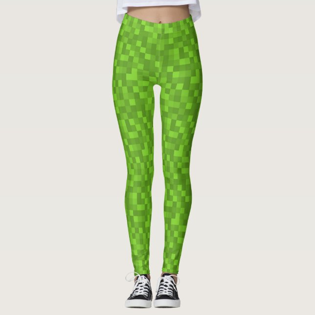 Grünes Pixelmuster Retro 8-Bit Gaming Leggings (Vorderseite)