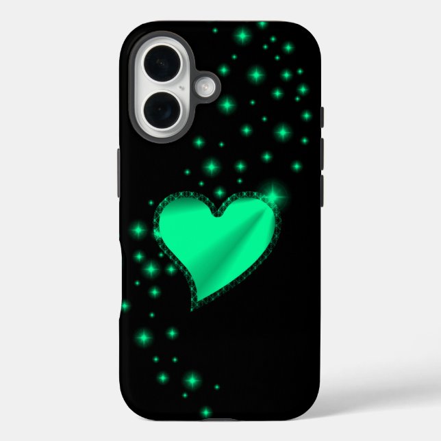 Grünes Regenbogenherz mit Sternen auf schwarz Case-Mate iPhone Hülle (Rückseite)