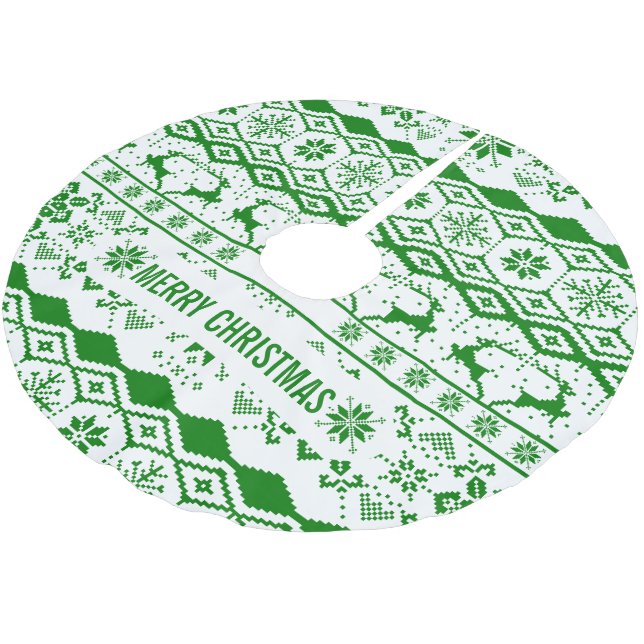 Grünes Rentiergeflecht Muster Polyester Weihnachtsbaumdecke (Schrägansicht)