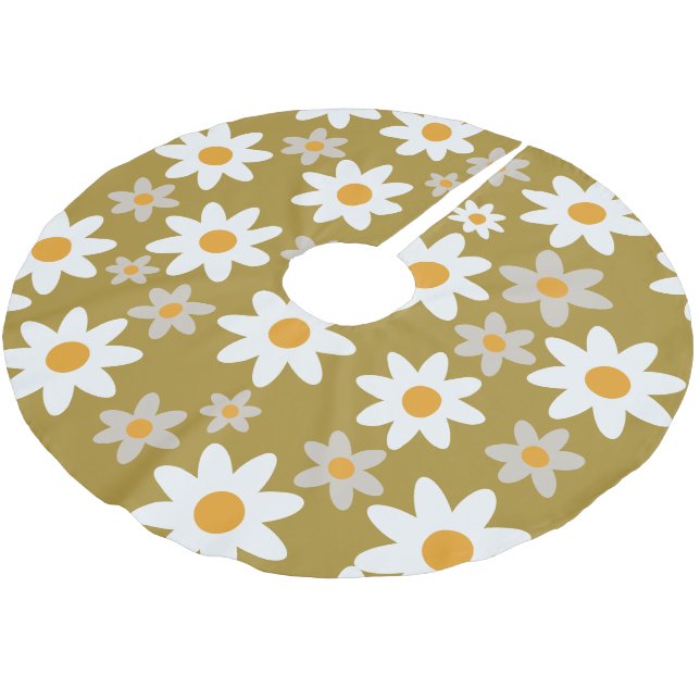 Grünes Retro-Groovy-Gänseblümchen-Muster-Feier  Polyester Weihnachtsbaumdecke (Schrägansicht)