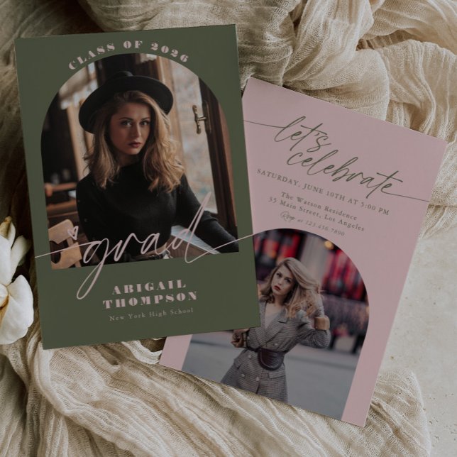 Grünes & Rosa-Bogen-Foto-Script-Abschluss Einladung (Von Creator hochgeladen)