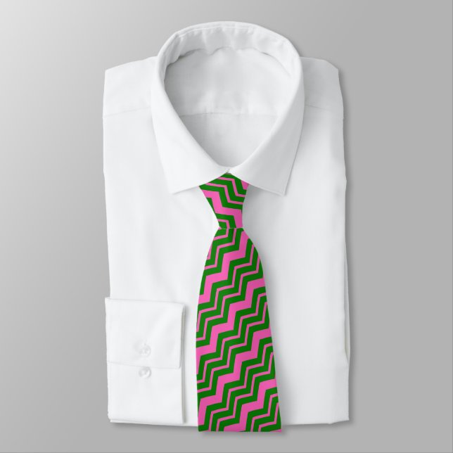 Grünes Rosa Chevron-Zickzack-Design  Krawatte (Gebunden)