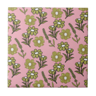 Grünes Rosa Retro Y2K Funky Hippie Blumenmuster Fliese