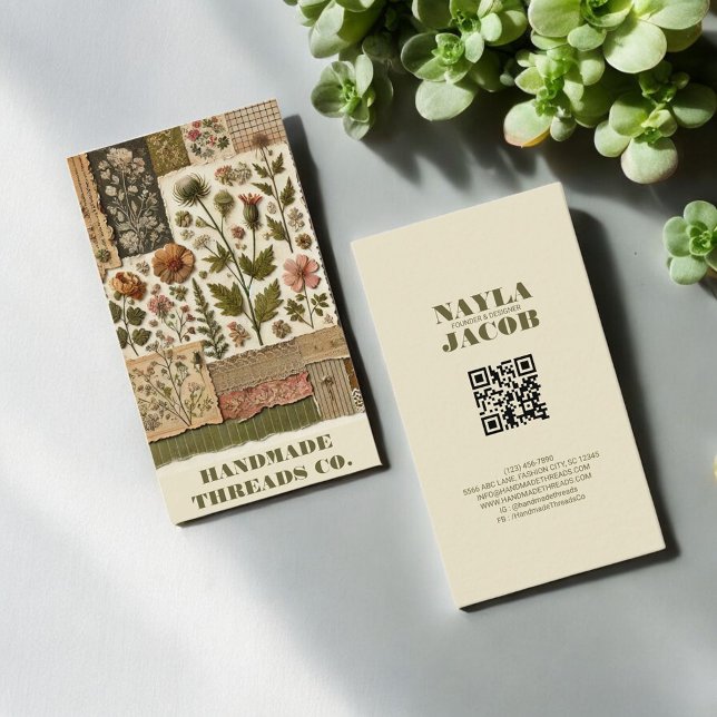 Grünes rosa Tuch und handgefertigte Patchwork-Klei Visitenkarte (Von Creator hochgeladen)