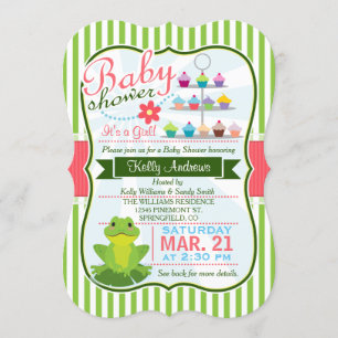 Grünes, Rosa und Weißes Frosch-Thema-Baby-Shower Einladung