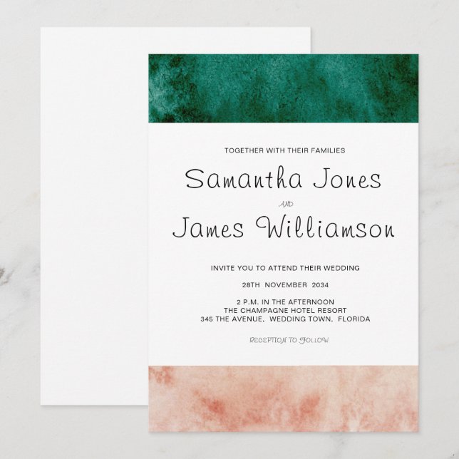 Grünes Rosa Wasserfarbe Rosa Moderne Hochzeit Einladung (Vorne/Hinten)