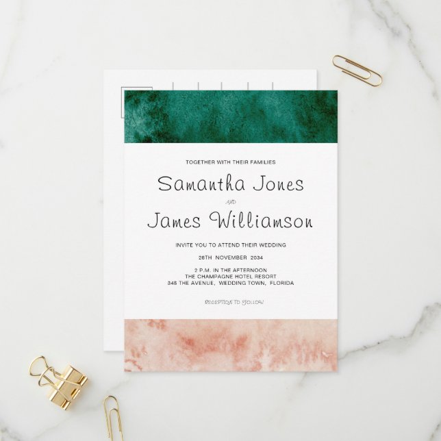 Grünes Rosa Wasserfarbe Rosa Moderne Hochzeit Einladungspostkarte (Vorderseite/Rückseite Beispiel)