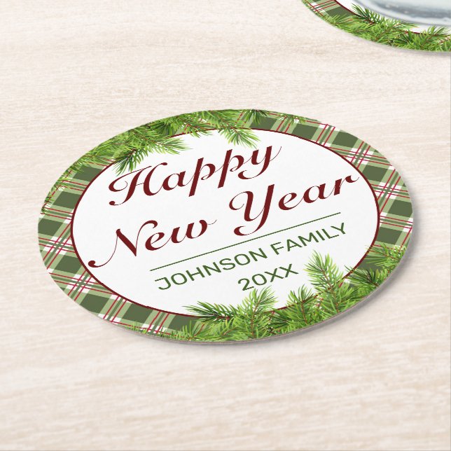 Grünes Rot Kariert & Pine Branch Happy New Year Runder Pappuntersetzer (Angewinkelt)