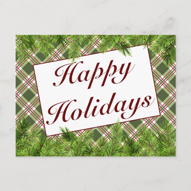 Grünes Rot Kariert & Pine Happy Holidays Gruß Ankündigungspostkarte (Vorderseite)