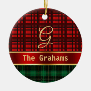 Grünes Rot Kariert und Band mit Name und Initial Keramik Ornament