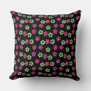 Grünes rotes Blumenmuster schwarzes Retro Sechzige Kissen