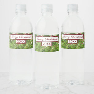 Grünes rotes Karo- & Kiefernzweig Frohe Weihnachte Wasserflaschenetikett