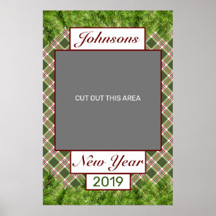 Grünes rotes Karo & Kiefernzweig Neujahrs-Fotoprop Poster