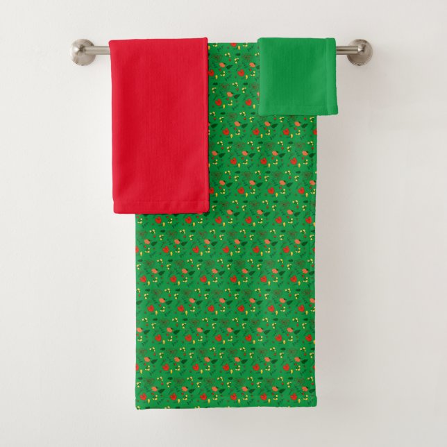 Grünes rotes Muster Mini-Wildblume  Badhandtuch Set (Insitu)