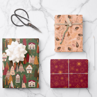 Grünes rotes und rosa Weihnachtsdorf im Wald Geschenkpapier Set
