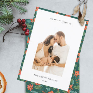 Grünes rotes Weihnachts-Blumenmuster-Foto Glücklic Feiertagskarte