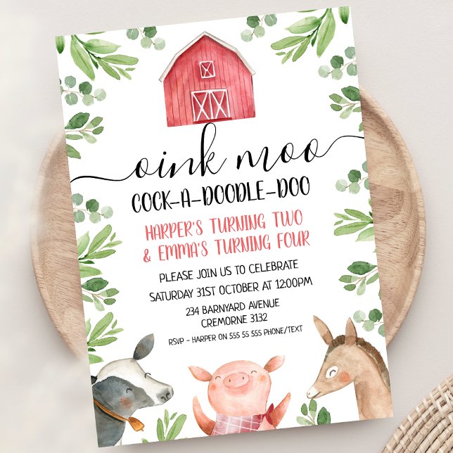 Grünes Rotgelbgewächse Einladung (Red Barn Foliage Join Farm Birthday Invitation Farmyard Animals Joint Birthday party Invite Oink Moo)