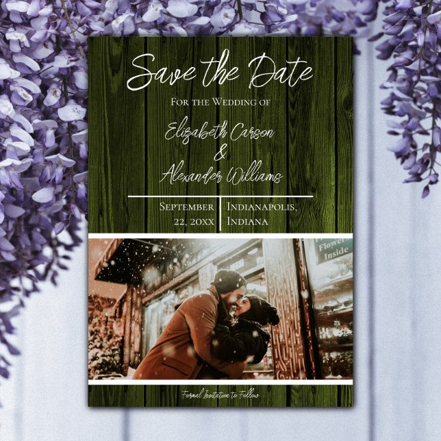 Grünes rustikales Foto Save the Date (Green Rustic Photo Save the Date)