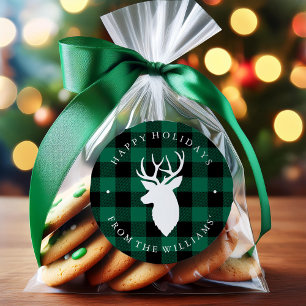 Grünes rustikales Kariertes Muster und Hirsch Runder Aufkleber