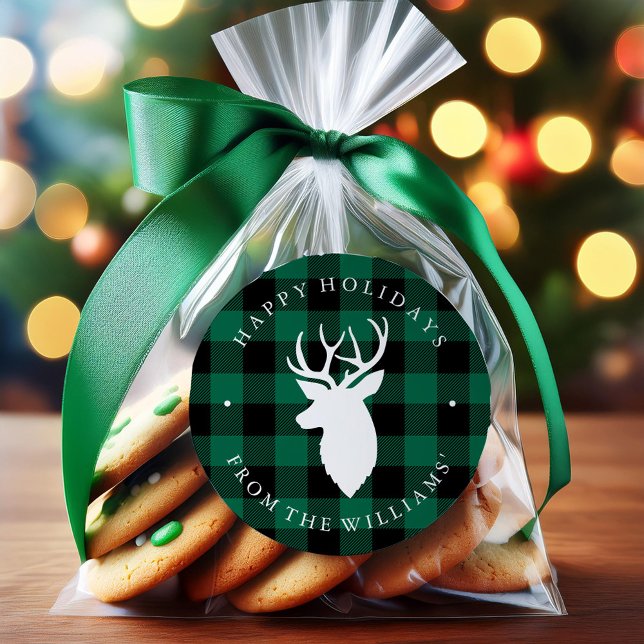 Grünes rustikales Kariertes Muster und Hirsch Runder Aufkleber (Von Creator hochgeladen)