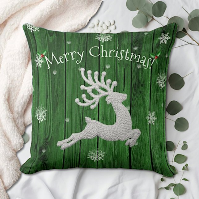 Grünes Rustikales Weihnachtsbaumkissen Kissen (Green Rustic Christmas Reindeer Throw Pillow)